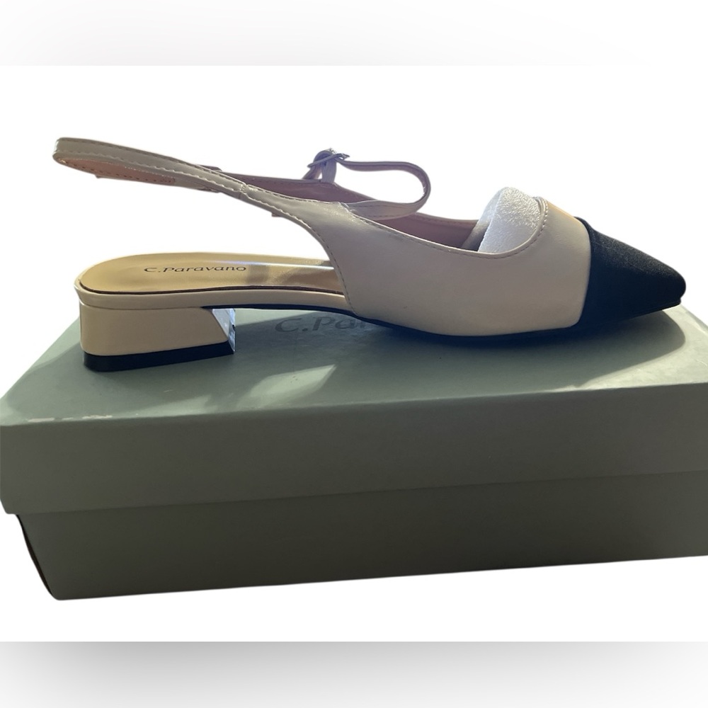 NWT C.Paravano Black and Cream Flats Sz 9 Sling back block color Leather/Fabric - Picture 7 of 16